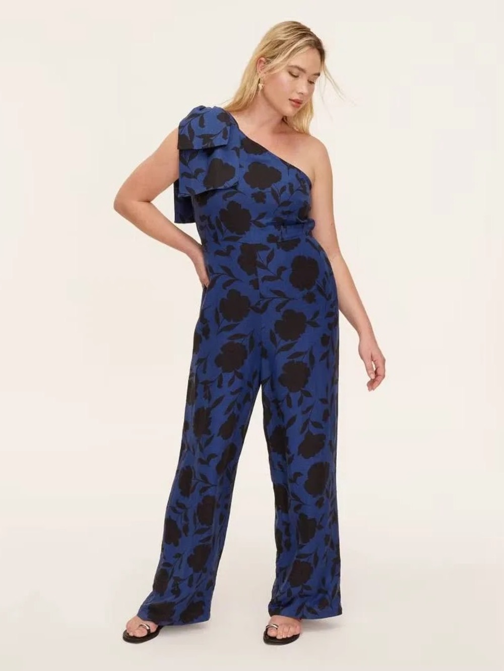 Kate Spade x Target Sz 16 Blue & Black Floral One Shoulder Jumpsuit Linen Blend